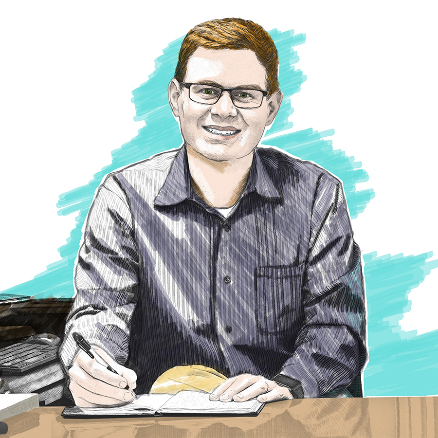 A square version of the marker-style illustration of Dave Jackson, Executive Officer, ASPET seated at his desk, writing in a notebook