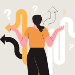 Flat-style illustration of a woman standing in front of question marks and arrows heading in all directions indicating a difficulty in choosing career paths or directions