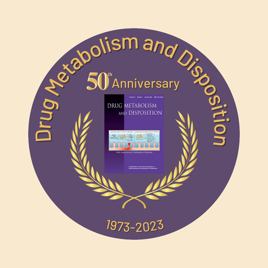 A seal celebrating the 50th Anniversary of ASPET’s journal Drug Metabolism and Disposition (DMD) in 2023