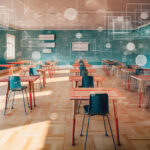 An AI-generated image of an empty classroom with desks and chairs in rows. Abstract technical symbols are overlaid on top of the image.