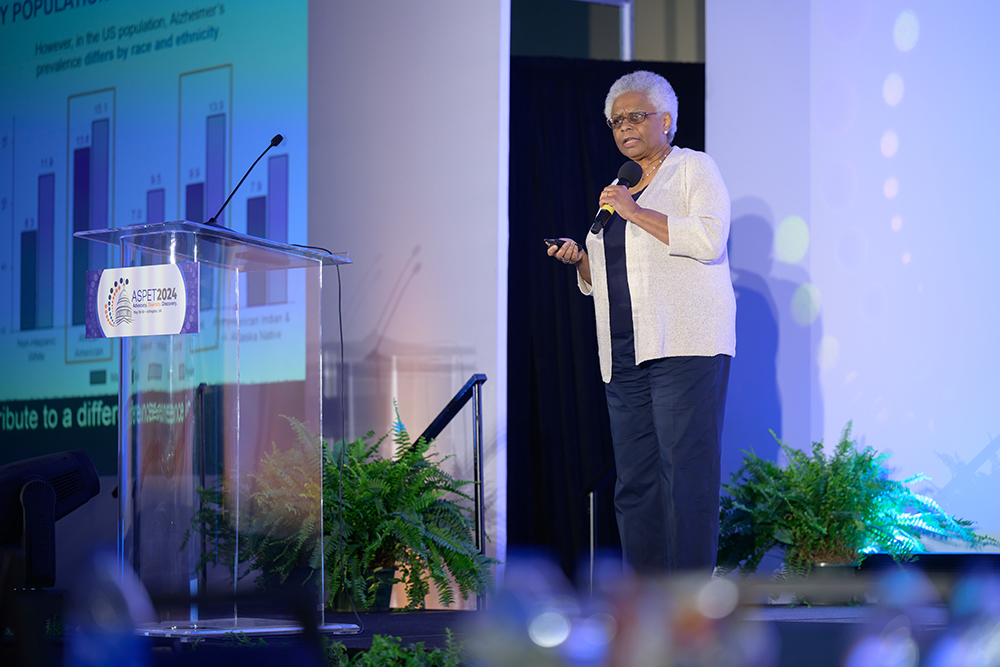 The Opening Session Keynote Speaker, Dr. Marie Bernard, MD, speaks on stage at ASPET 2024