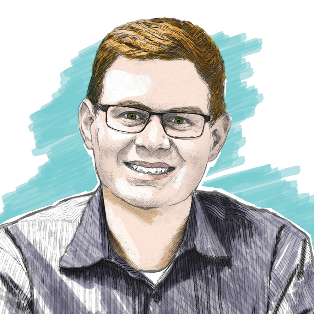 A marker-style illustration of Dave Jackson, Executive Officer, ASPET seated at his desk, writing in a notebook