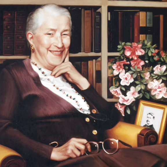 Helen Coley Nauts, detail of a portrait by Susan Durkee for the Cancer Research Institute. A picture of her father can be seen on the side table.